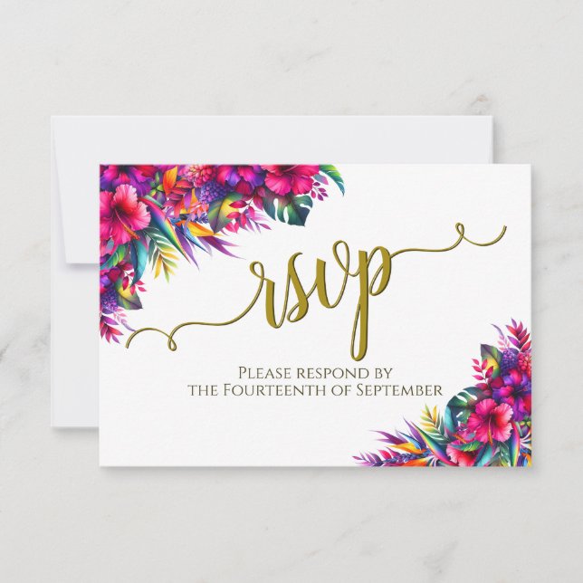 Tropical Garden Floral Elegant Calligraphy Wedding RSVP Card (Front)