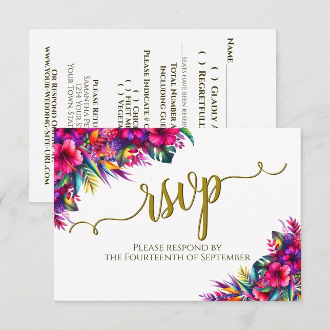 Tropical Garden Floral Elegant Calligraphy Wedding RSVP Card (Front/Back)