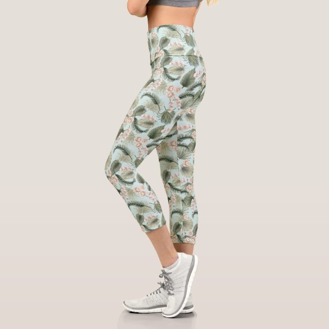 Tropical Garden Floral Orchid & Palm Pattern Capri Leggings (Left)
