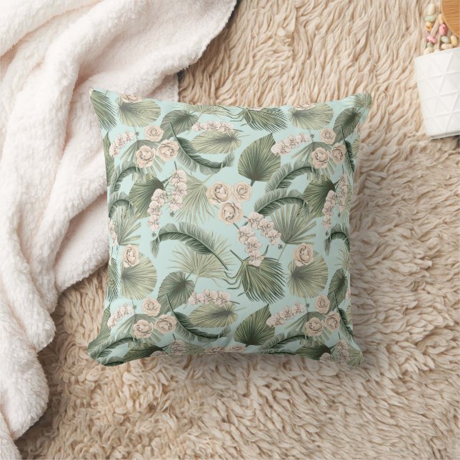 Tropical Garden Floral Orchid & Palm Pattern Cushion (Blanket)