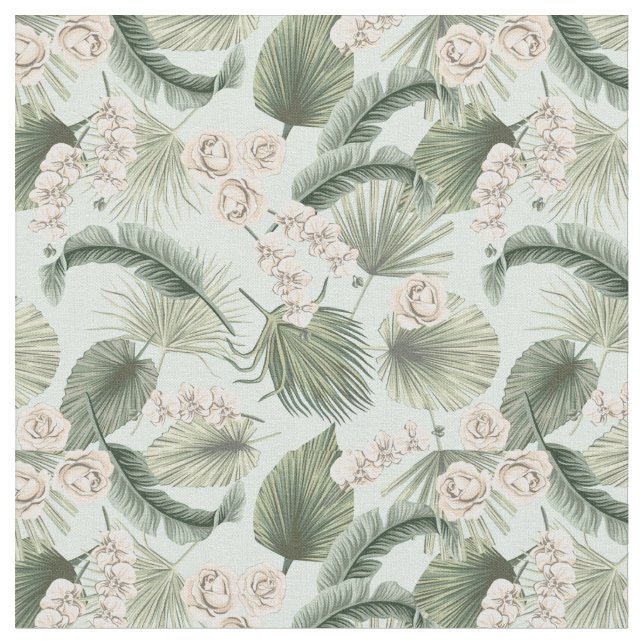 Tropical Garden Floral Orchid & Palm Pattern Fabric (Close Up)