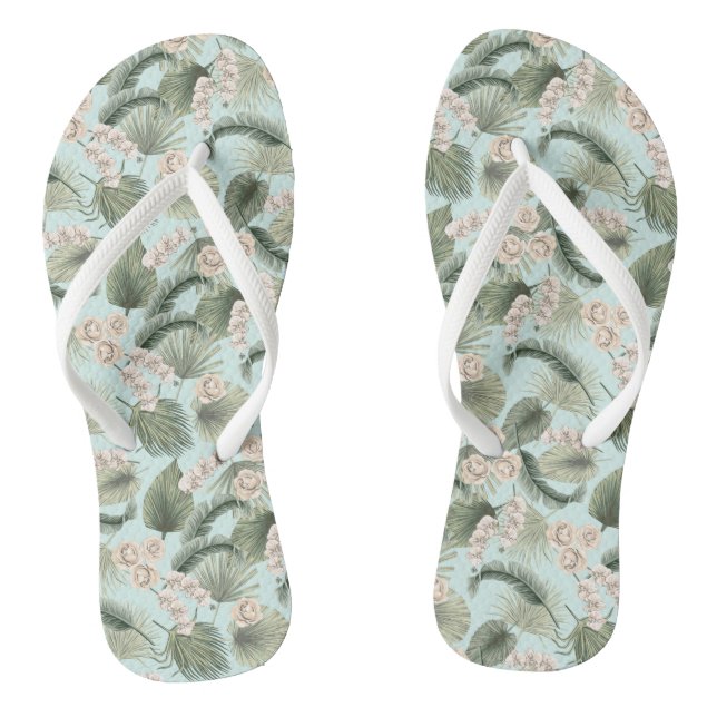 Tropical Garden Floral Orchid & Palm Pattern Flip Flops (Footbed)