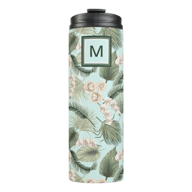 Tropical Garden Floral Orchid & Palm Pattern Thermal Tumbler (Front)
