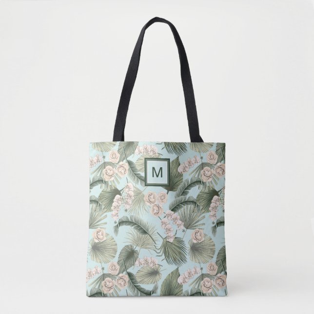 Tropical Garden Floral Orchid & Palm Pattern Tote Bag (Front)