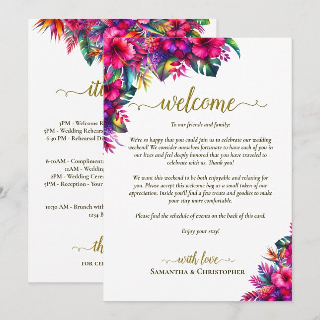 Tropical Garden Floral Wedding Welcome & Itinerary Programme (Front/Back)