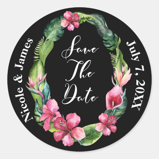 Tropical Garden Flowers & Leaves Save the Date Classic Round Sticker (Front)