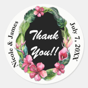 Tropical Garden Flowers & Leaves Wedding Thank You Classic Round Sticker