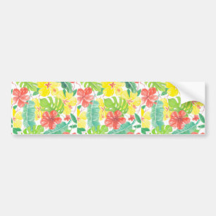 Tropical garden, hibiscus plumeria and palm leaves bumper sticker
