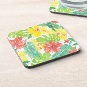 Tropical garden, hibiscus plumeria and palm leaves coaster