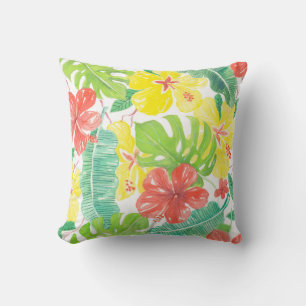Tropical garden, hibiscus plumeria and palm leaves cushion