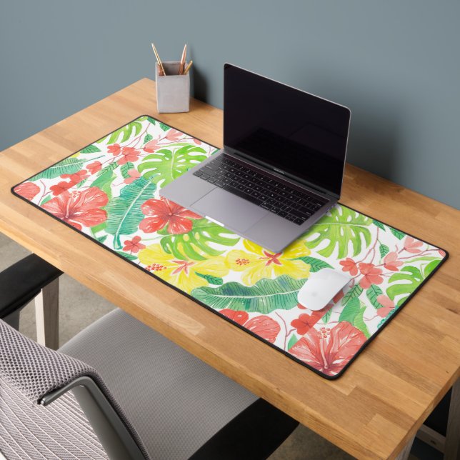 Tropical garden, hibiscus plumeria and palm leaves desk mat (Office 2)