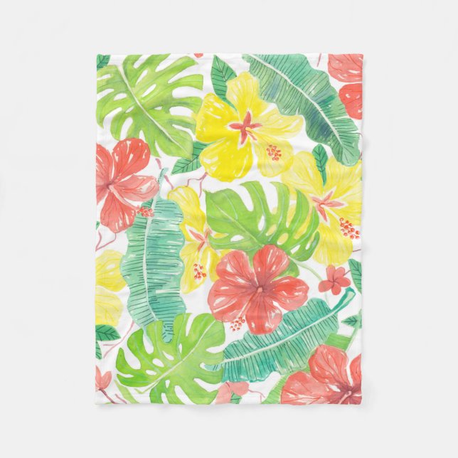 Tropical garden, hibiscus plumeria and palm leaves fleece blanket (Front)