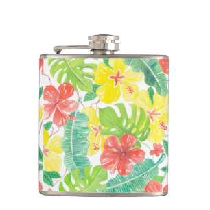 Tropical garden, hibiscus plumeria and palm leaves hip flask