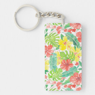 Tropical garden, hibiscus plumeria and palm leaves key ring