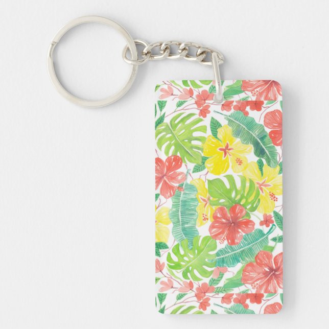 Tropical garden, hibiscus plumeria and palm leaves key ring (Front)