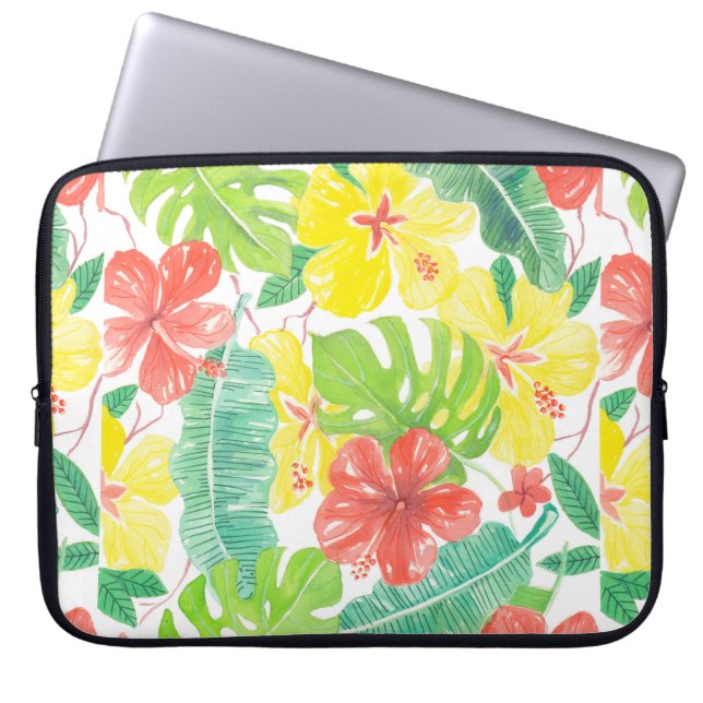 Tropical garden, hibiscus plumeria and palm leaves laptop sleeve (Front)