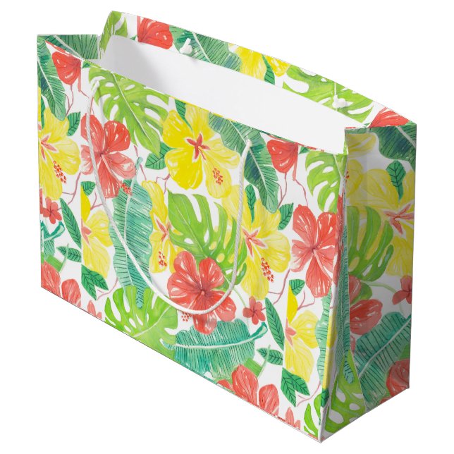Tropical garden, hibiscus plumeria and palm leaves large gift bag (Back Angled)