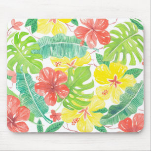 Tropical garden, hibiscus plumeria and palm leaves mouse mat