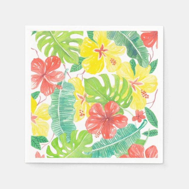 Tropical garden, hibiscus plumeria and palm leaves napkin (Front)