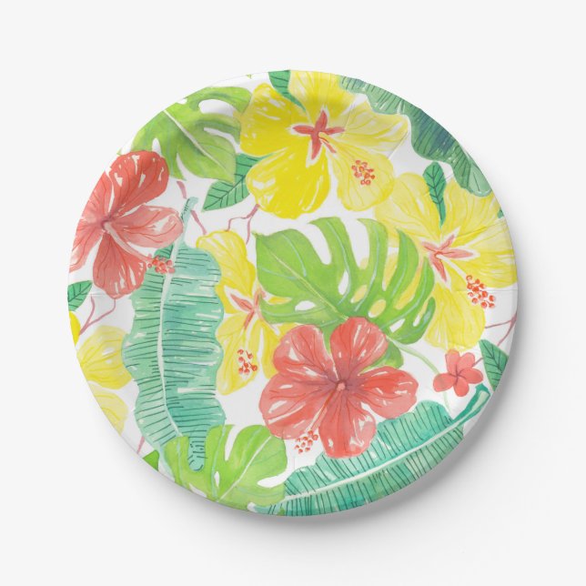 Tropical garden, hibiscus plumeria and palm leaves paper plate (Front)
