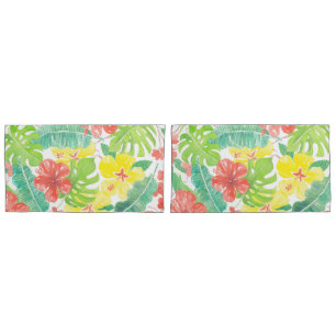 Tropical garden, hibiscus plumeria and palm leaves pillowcase