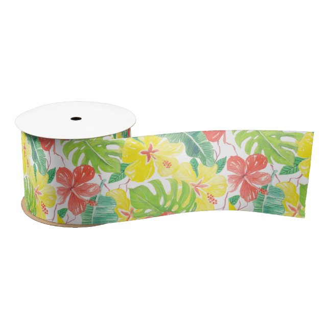 Tropical garden, hibiscus plumeria and palm leaves satin ribbon (Spool)