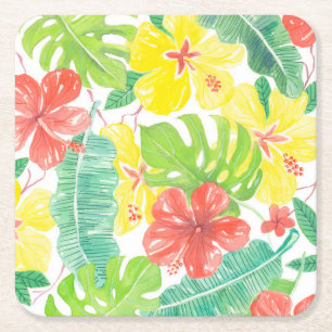 Tropical garden, hibiscus plumeria and palm leaves square paper coaster