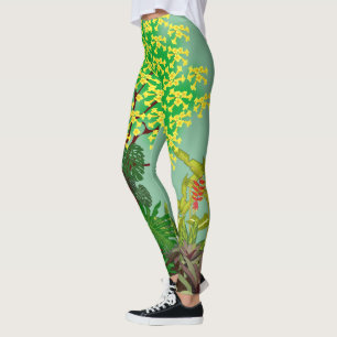 Tropical Garden Landscape Green Yellow Purple Red  Leggings