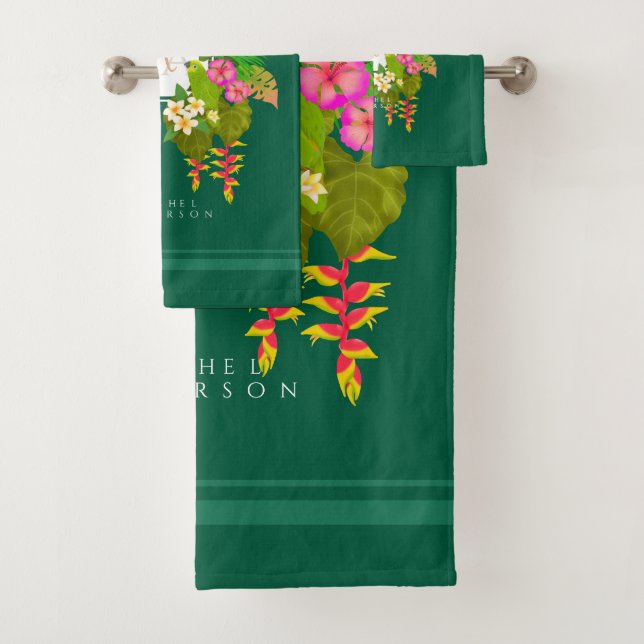 Tropical Garden Monogram Green Bath Towel Set (Insitu)