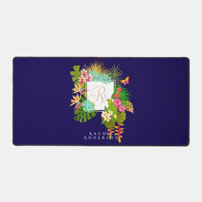 Tropical Garden Monogram Navy Desk Mat (Front)