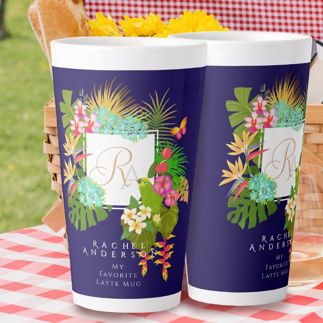 Tropical Garden Monogram Navy Latte Mug (Tropical Monogram Navy Latte Mug.)