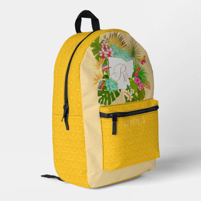 Tropical Garden Monogram Navy Printed Backpack (Back Corner Left)