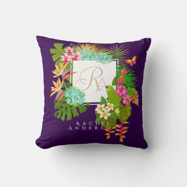 Tropical Garden Monogram Purple Cushion (Front)