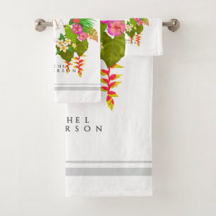 Tropical Garden Monogram White Bath Towel Set