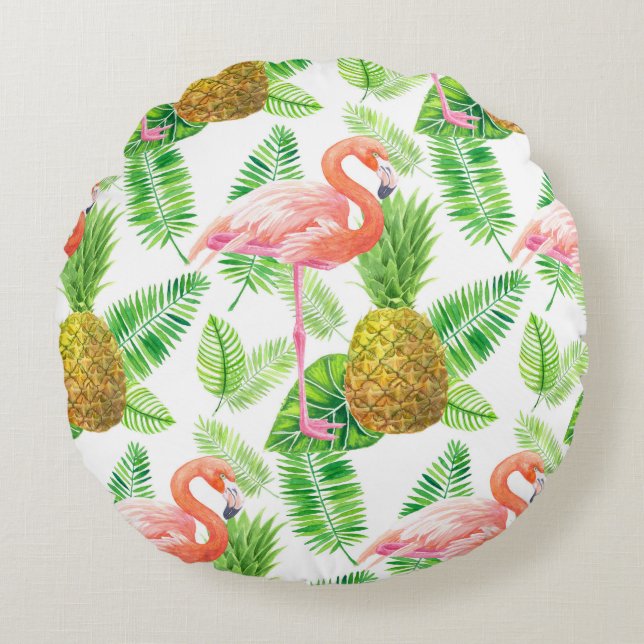 Tropical garden watercolor pattern round cushion (Front)