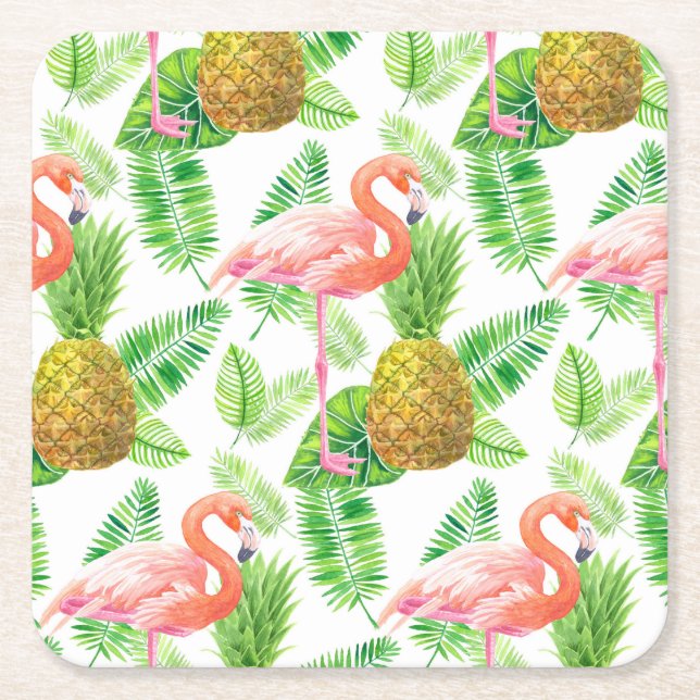 Tropical garden watercolor pattern square paper coaster (Front)