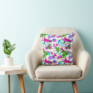 Tropical Geckos and Flowers in Pink and Green  Cushion