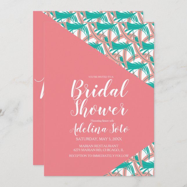 Tropical Geo Palm Coral Feathers Bridal  Shower Invitation (Front/Back)