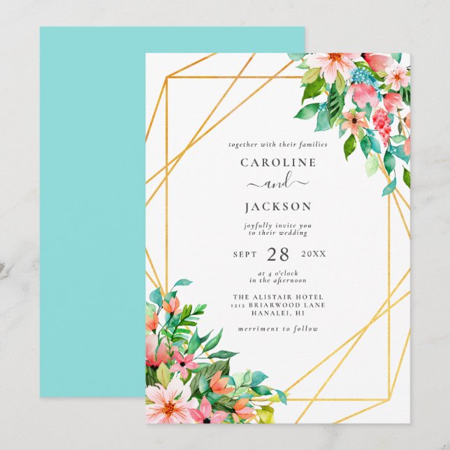 Tropical Geometric Floral Wedding Invitation (Front/Back)