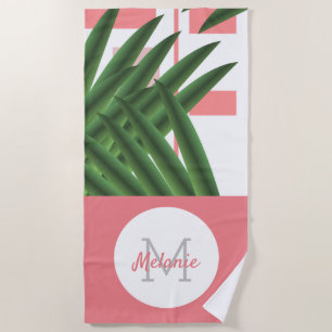 Tropical Geometric Palm Leaves Monogram Beach Towel
