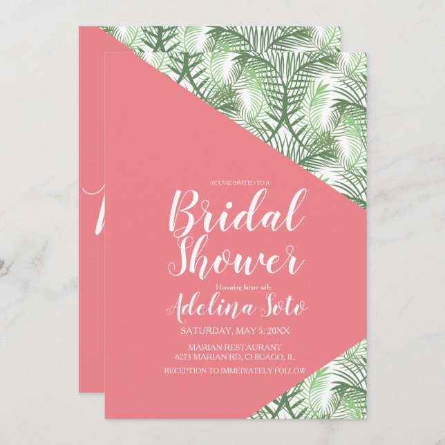 Tropical Geometrical Palm Oasis Pink Bridal Shower Invitation (Front/Back)