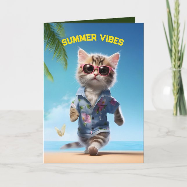 Tropical Getaway Kitten Thank You Card (Front)