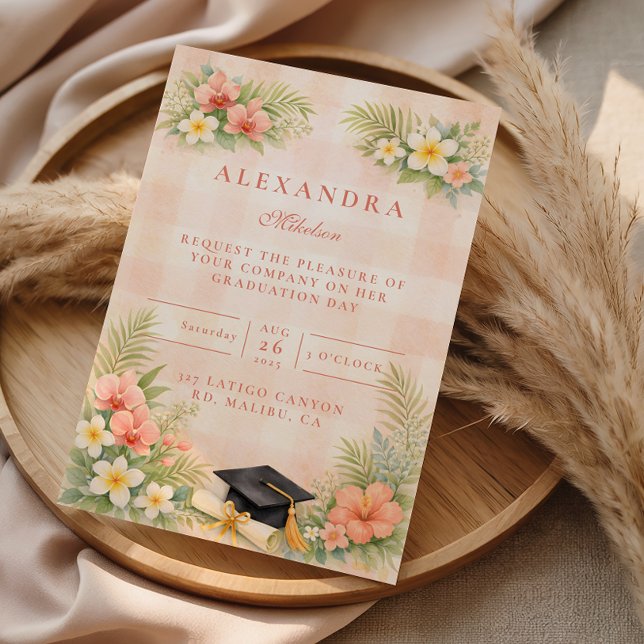 Tropical Gingham Floral Graduation Invitation (Creator Uploaded)