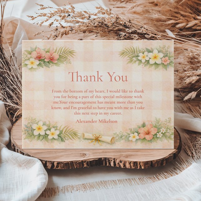 Tropical Gingham Floral Graduation Thank You Card (Creator Uploaded)
