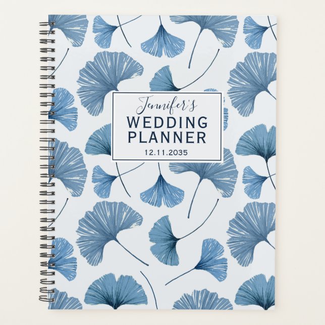 Tropical Ginkgo Foliage Dusty Blue Wedding Planner (Front)