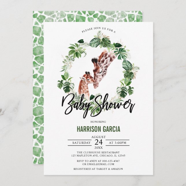 Tropical Giraffe and Baby Jungle Baby Shower Invitation (Front/Back)