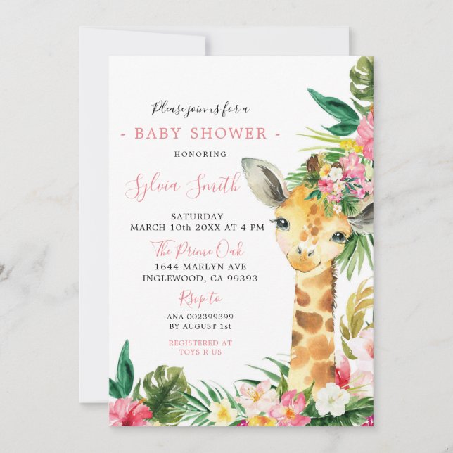 Tropical Giraffe Girl Baby Shower Invitation (Front)