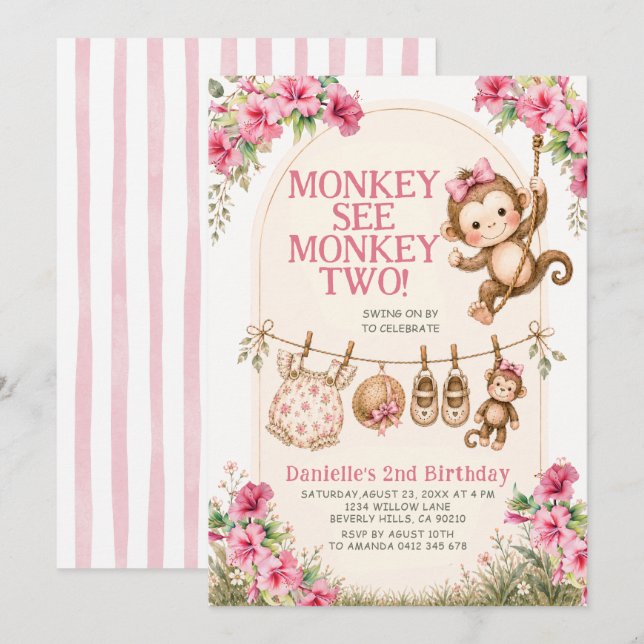 Tropical Girl Monkey See Monkey Two Birthday Invitation (Front/Back)