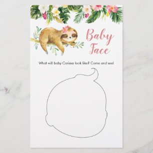 Tropical Girl Sloth Baby Shower Baby Face Card