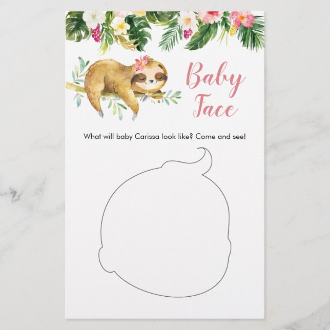 Tropical Girl Sloth Baby Shower Baby Face Card (Front)